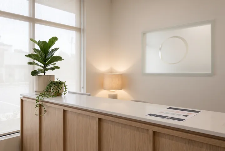 A clinic reception counter with plants and soft light.