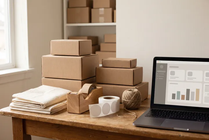 A packing table with kraft boxes, tissue paper and a laptop.