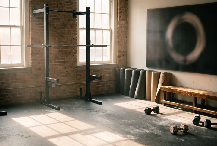 A boutique gym with a rack, mats and morning light.