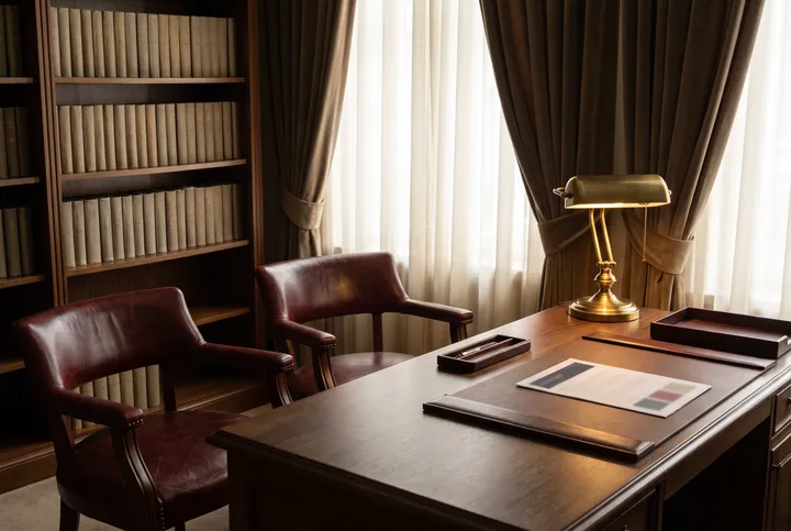 A law office with leather chairs, a brass lamp and a printed brand sheet on the desk.