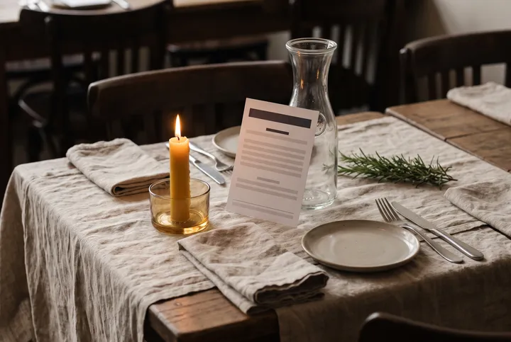 A restaurant table with linen, a candle and a printed menu card.