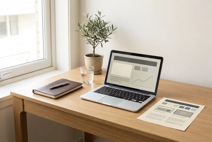 A consultant desk with a notebook, laptop and a printed sheet.