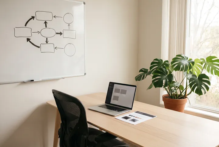 A startup office corner with a whiteboard of shapes and a laptop.
