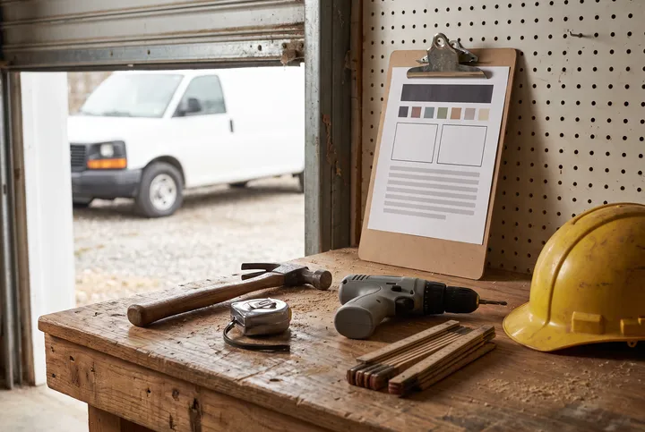 A contractor workbench with tools, a hard hat and a clipboard.