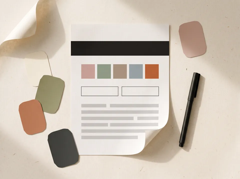 Overhead view of a printed one-page brand sheet with four color swatch chips and a pen on warm paper.