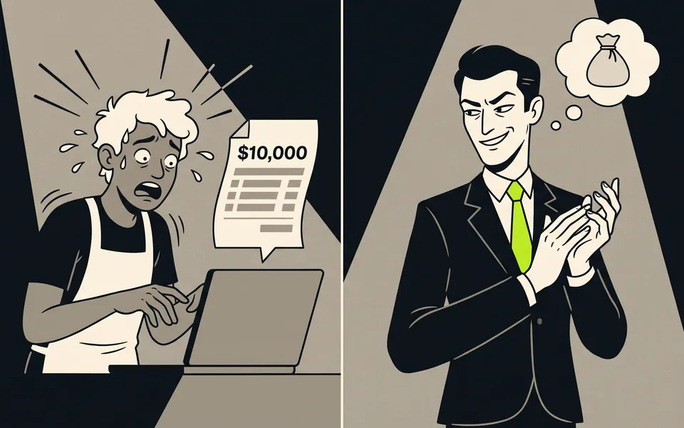 A business owner in an apron staring at a $10,000 invoice while an agency figure in a dark suit rubs his hands and pictures a bag of money.