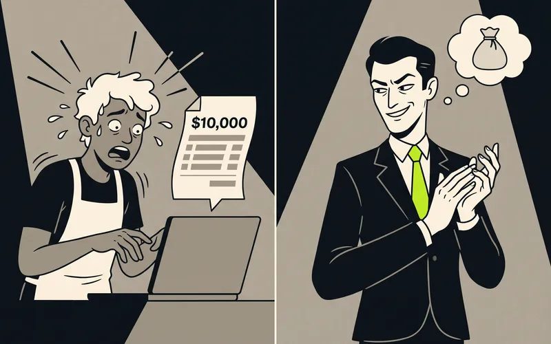 A business owner in an apron staring at a $10,000 invoice while an agency figure in a dark suit rubs his hands and pictures a bag of money.