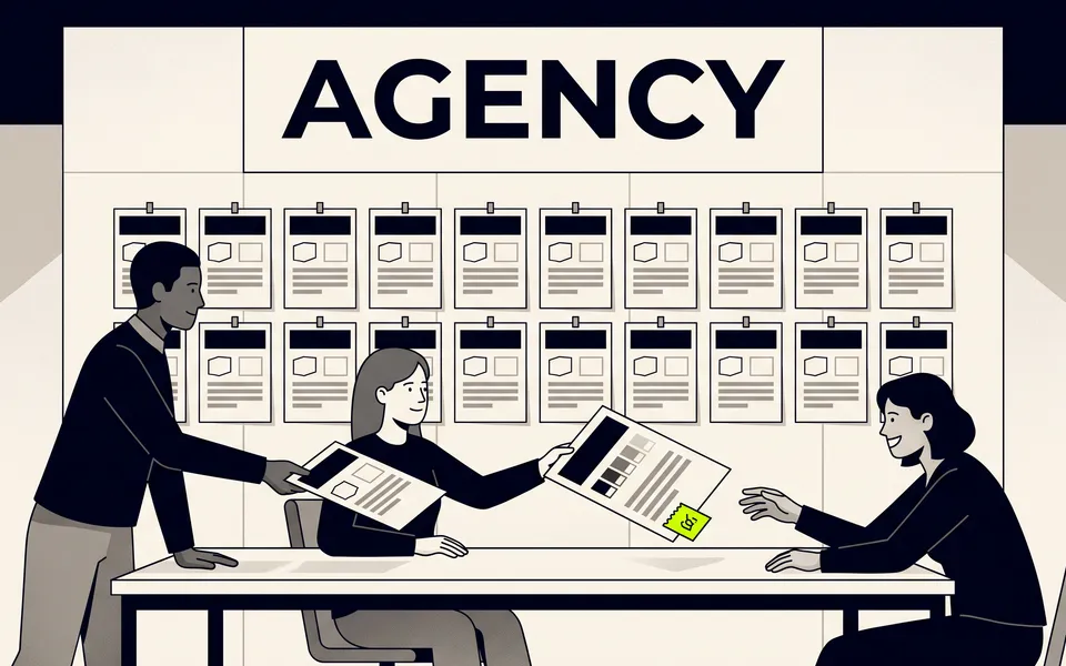 Under an AGENCY sign, two agency people hand a client a one-page brand sheet; a wall of client sheets behind them.