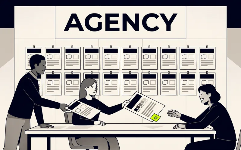 An agency owner handing a printed brand sheet to a client under a sign that reads AGENCY.