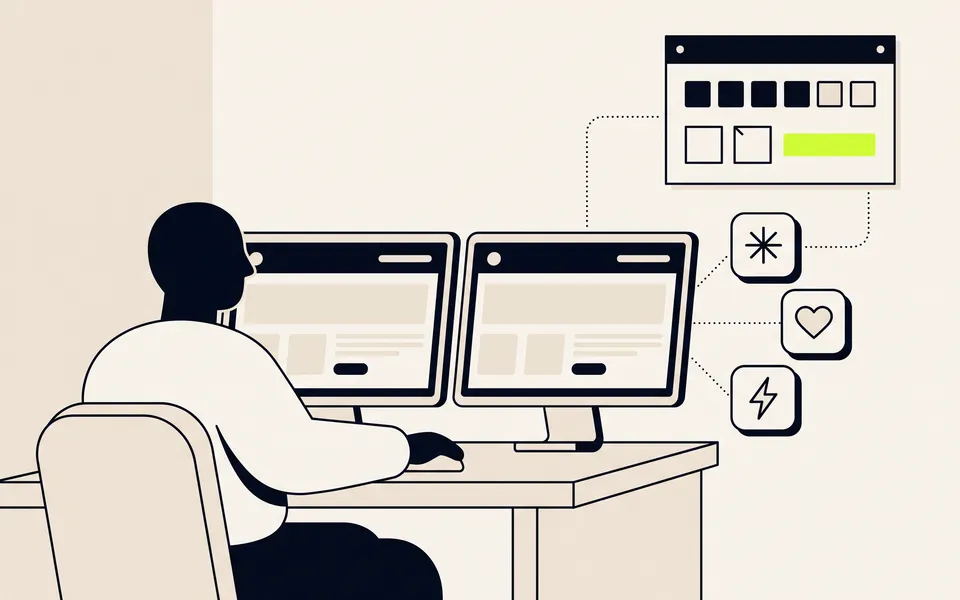 A wide monitor with a code editor on the left and a browser preview of a website on the right, brand tokens visible in the editor.