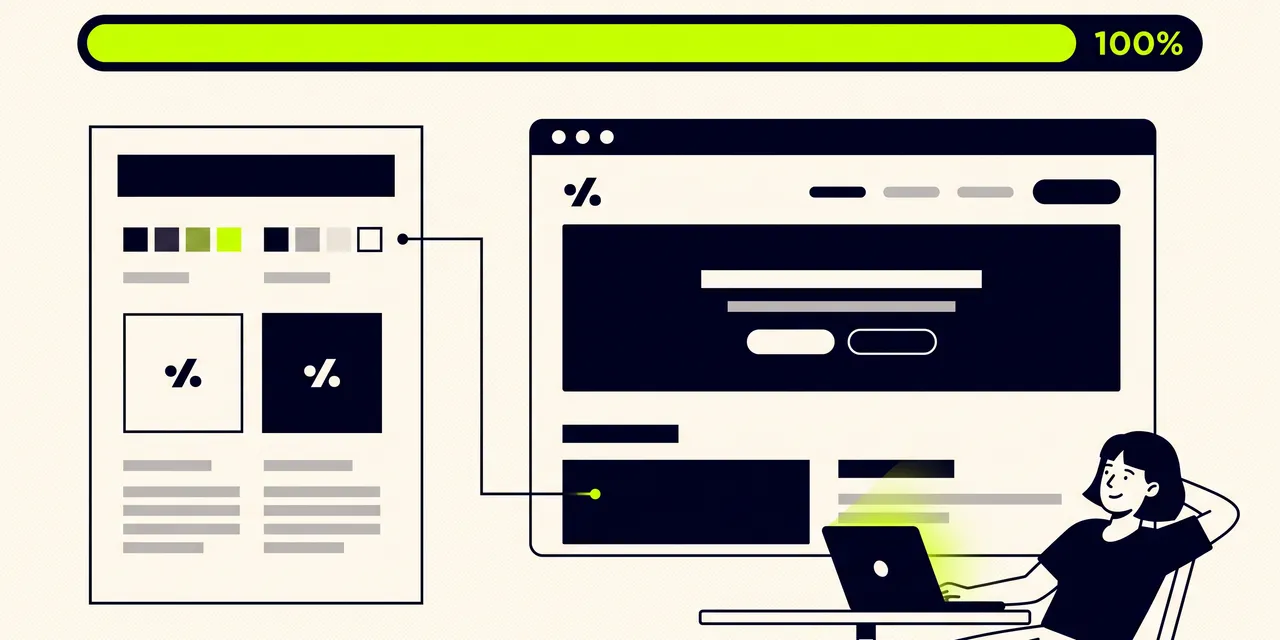 The same website now consistent, a one-page brand sheet feeding it, the progress bar at 100 percent, the builder relaxed.
