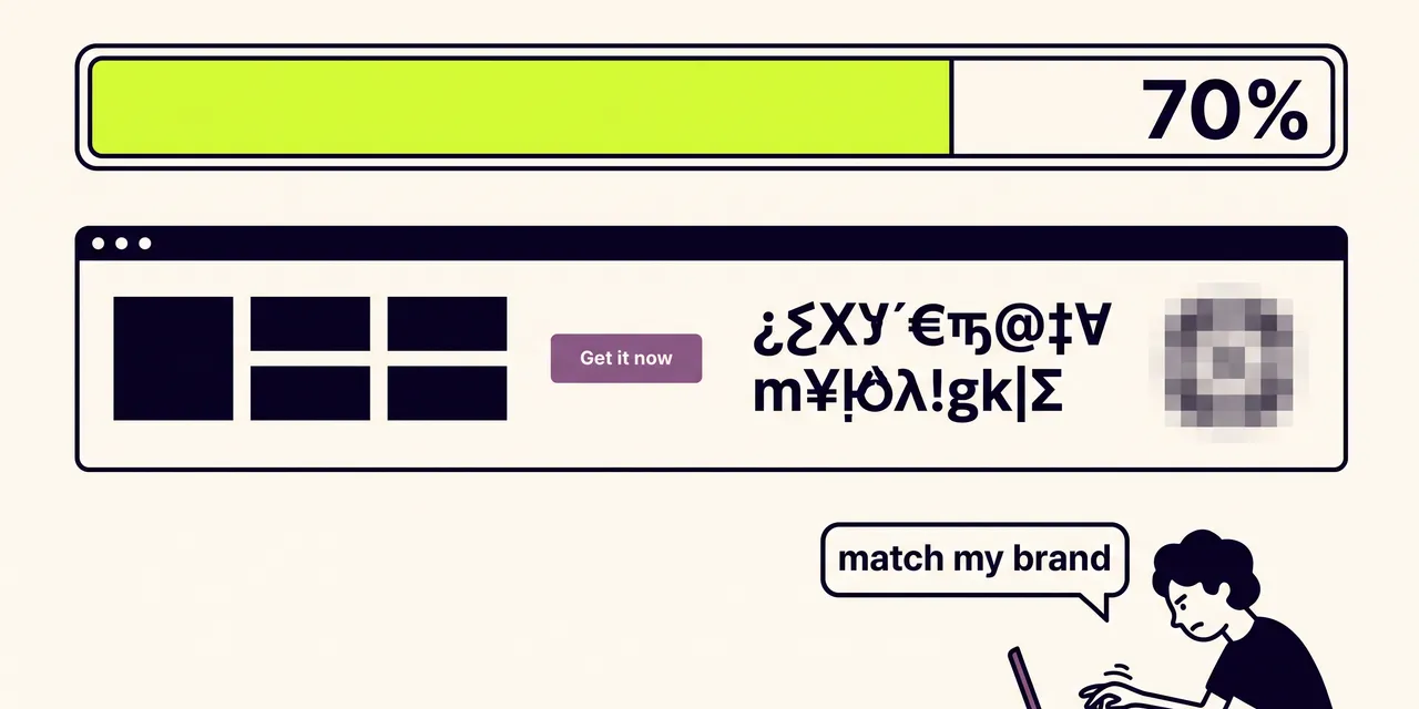 A progress bar stuck at 70 percent while a website drifts off brand: a purple button, jumbled fonts, a blurry logo, and a frustrated builder typing "match my brand".