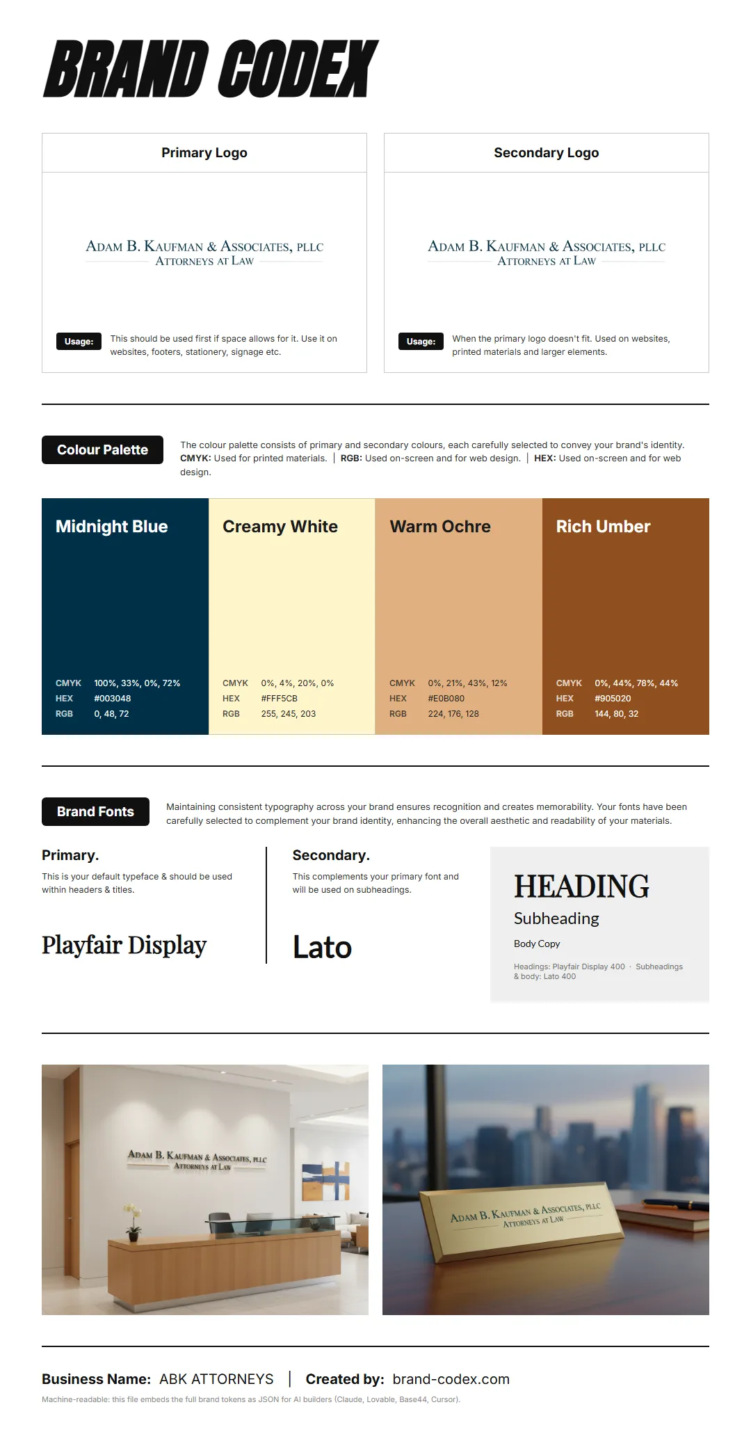 A finished Brand Codex sheet: primary and secondary logo, a row of color swatches with hex codes, font specimens, and two mockups of the logo on real objects.