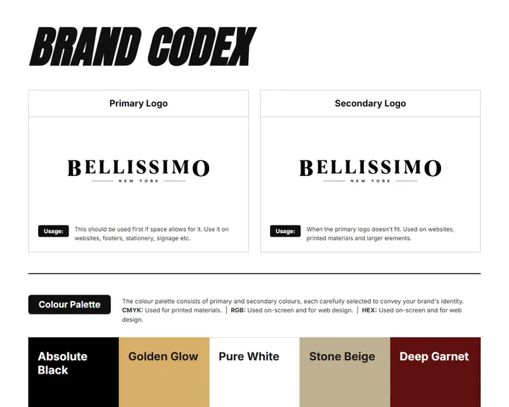 Brand Codex sheet for Bellissimo Hats: logos, color palette, and fonts on one page