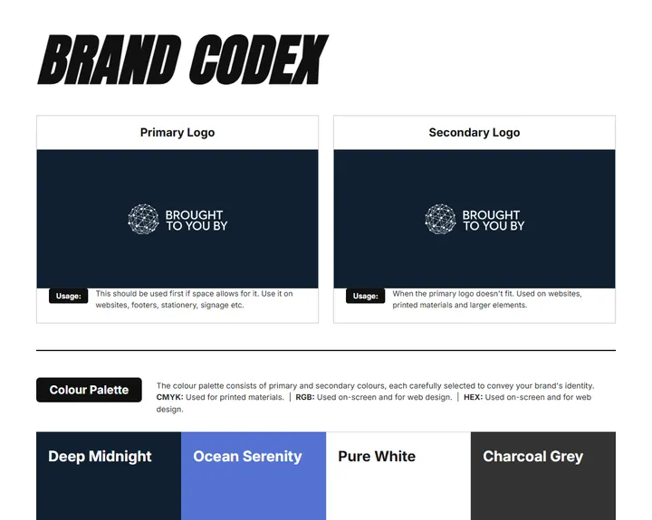 Brand Codex sheet for BroughtToYouBy: logos, color palette, and fonts on one page
