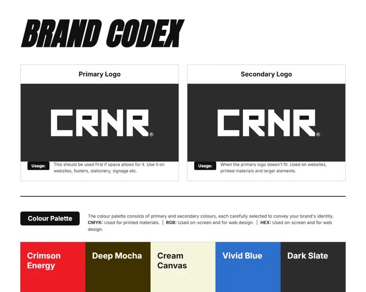 Brand Codex sheet for Combat Corner: logos, color palette, and fonts on one page