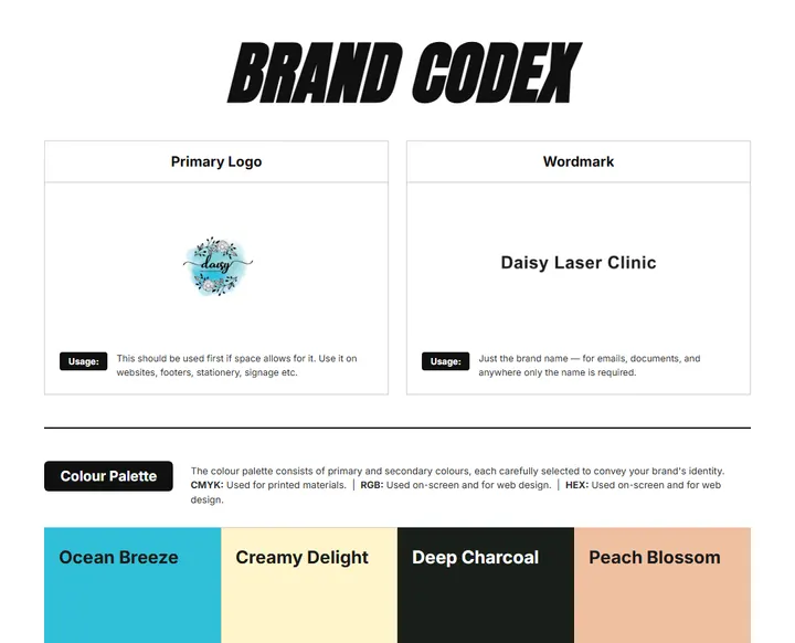 Brand Codex sheet for Daisy Laser Clinic: logos, color palette, and fonts on one page