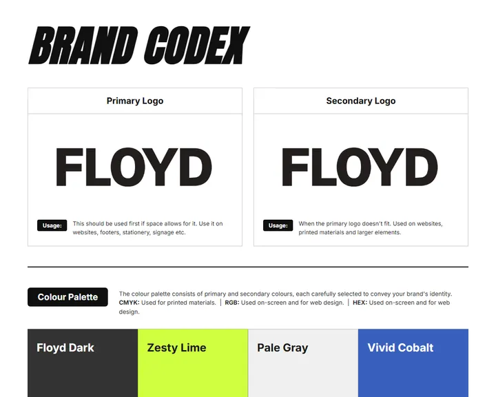 Brand Codex sheet for Floyd Home: logos, color palette, and fonts on one page
