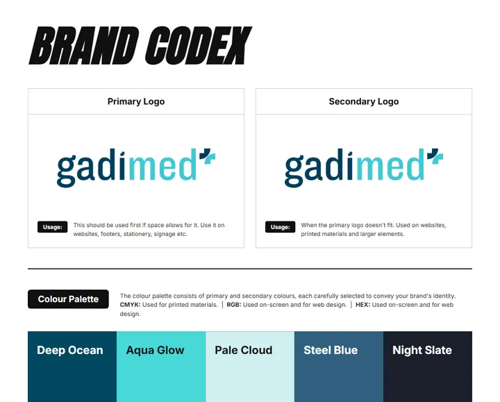 Brand Codex sheet for Gadimed: logos, color palette, and fonts on one page