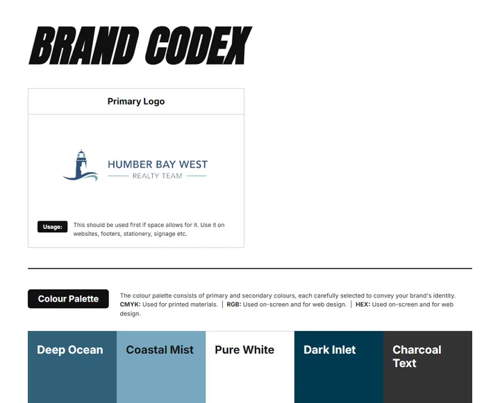 Brand Codex sheet for Humber Bay West: logos, color palette, and fonts on one page