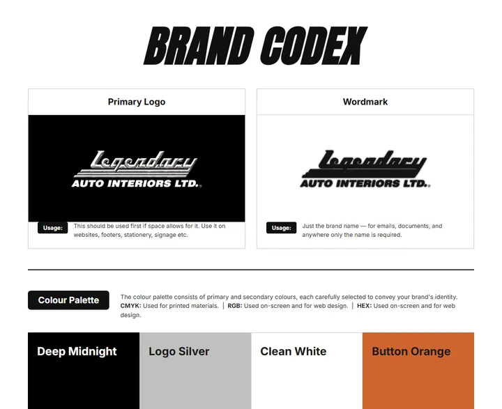 Brand Codex sheet for Legendary Auto Interiors: logos, color palette, and fonts on one page
