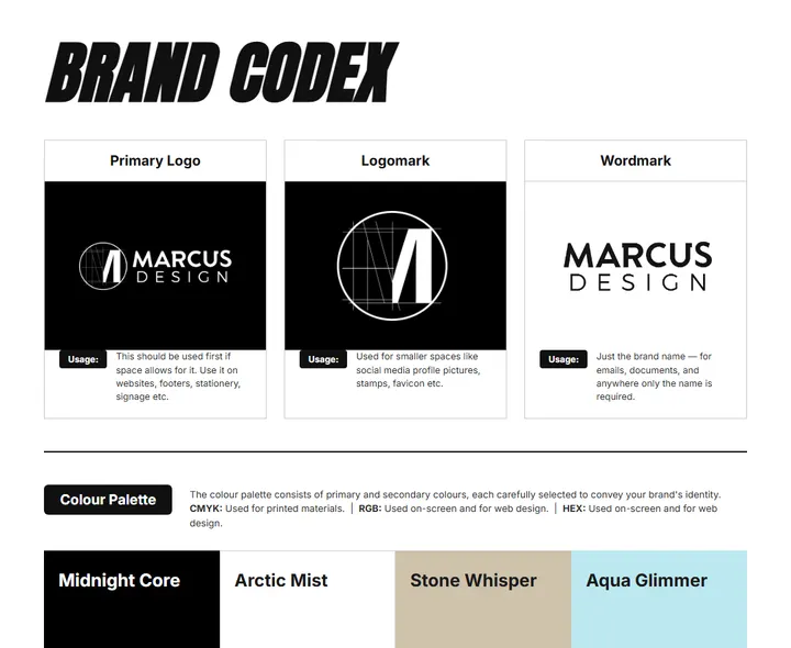 Brand Codex sheet for Marcus Design: logos, color palette, and fonts on one page