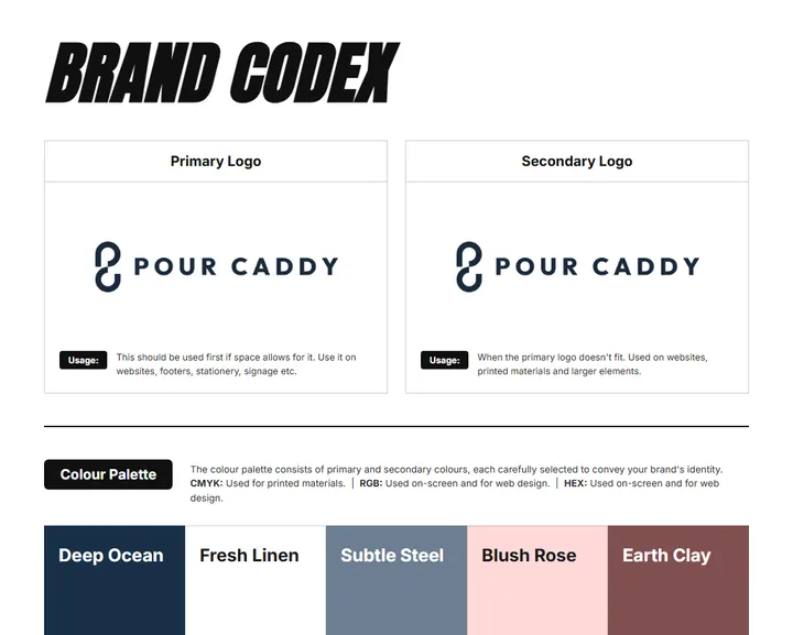 Brand Codex sheet for Pour Caddy: logos, color palette, and fonts on one page