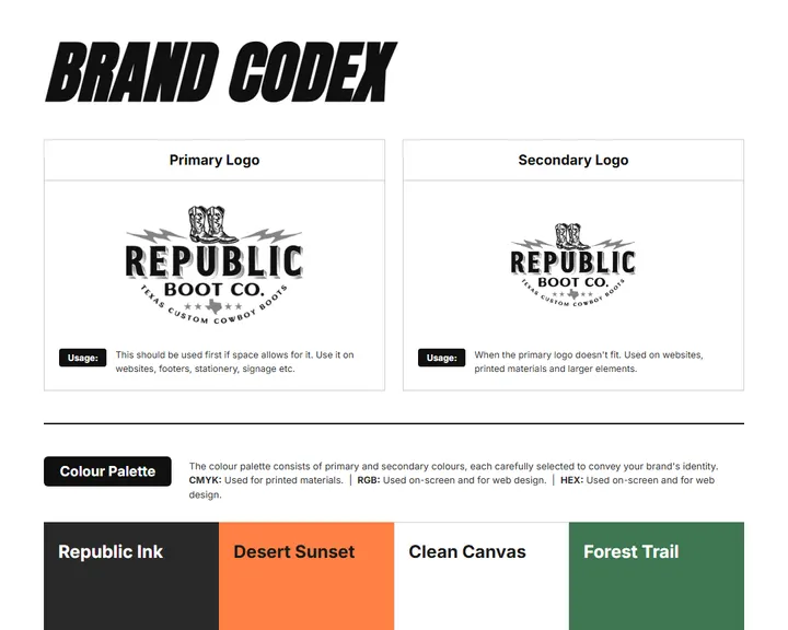 Brand Codex sheet for Republic Boot Company: logos, color palette, and fonts on one page