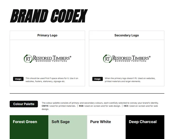 Brand Codex sheet for Restored Timbers: logos, color palette, and fonts on one page